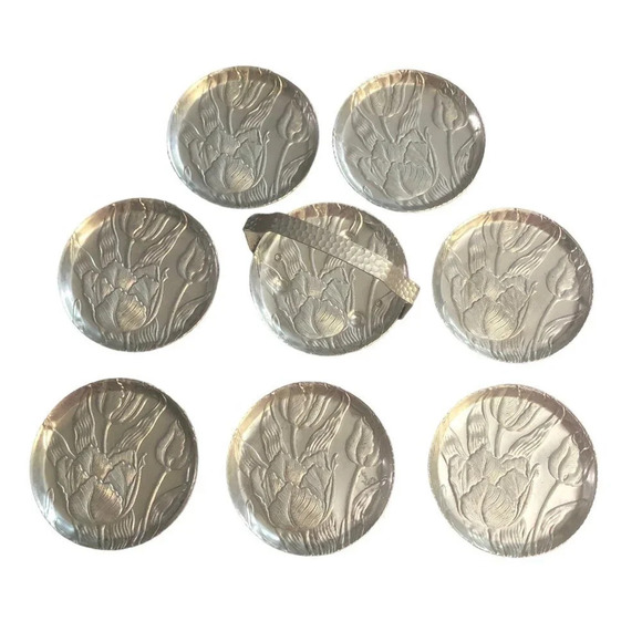 VINTAGE MCM Mid-Century Embossed Aluminum Tulip Floral Coaster Set of 8 w/Holder - Picture 2 of 7